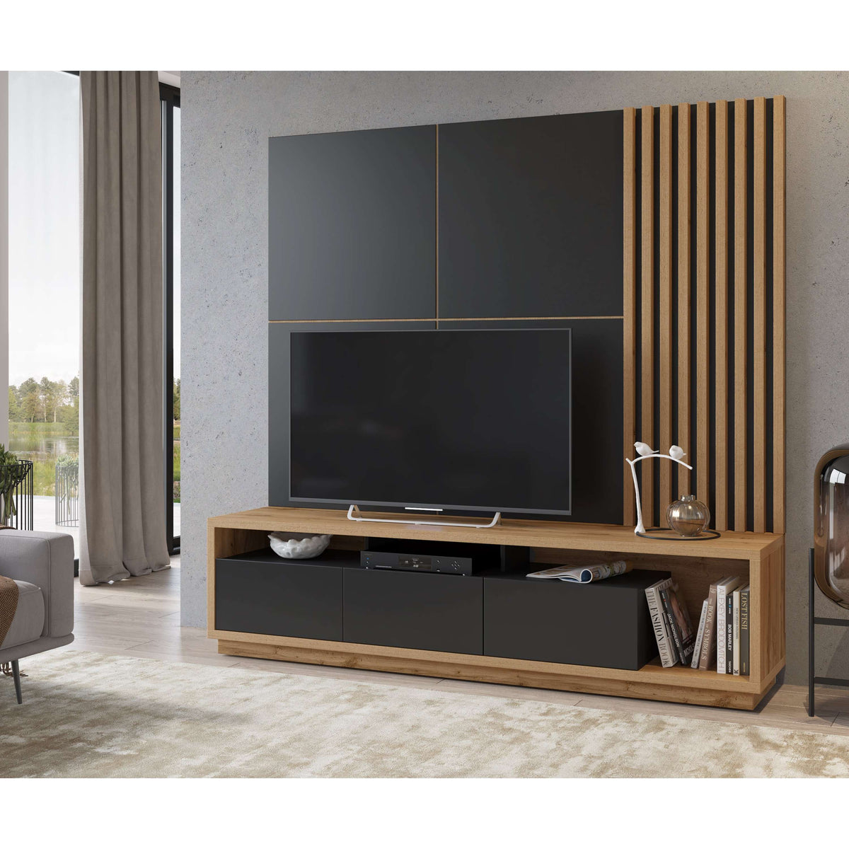 Black wall TV unit with vertical wood slats, TV niche, and storage drawers