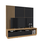 Black wall TV unit with wood slat panel, TV niche, and 2 open side shelves