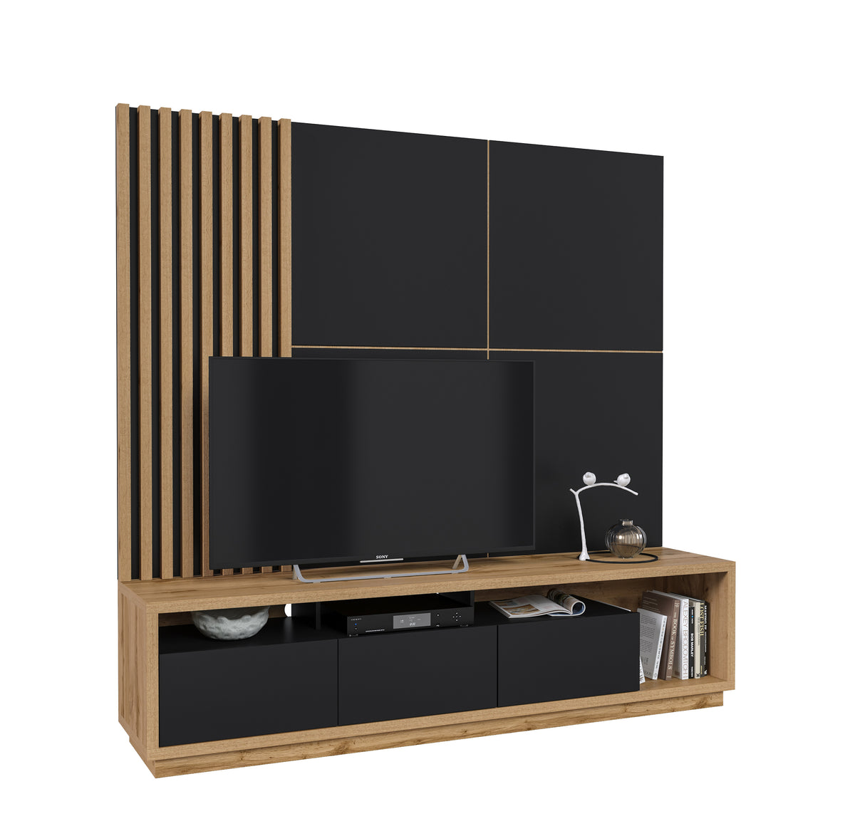 Black wall TV unit with wood slat panel, TV niche, and 2 open side shelves