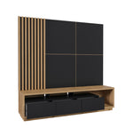 Black wall TV unit with wood slat column and floating TV shelf, lower cabinet doors