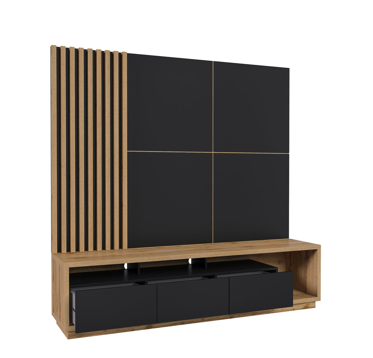Black wall TV unit with wood slat column and floating TV shelf, lower cabinet doors
