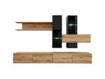 Wall-mounted media unit in oak with black cabinets, open TV shelf and LED lights