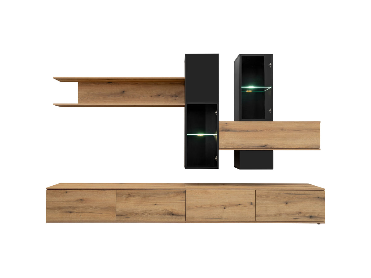 Wall-mounted media unit in oak with black cabinets, open TV shelf and LED lights