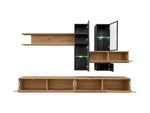 Wood and black media wall unit with open shelves and cabinets, LED-lit display