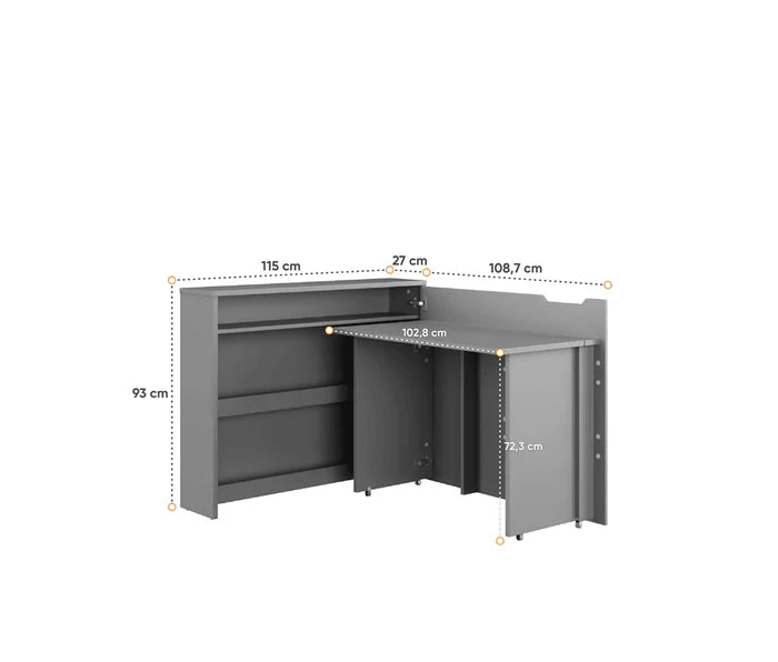 Grey convertible desk with storage, side fold-out panels and adjustable shelving