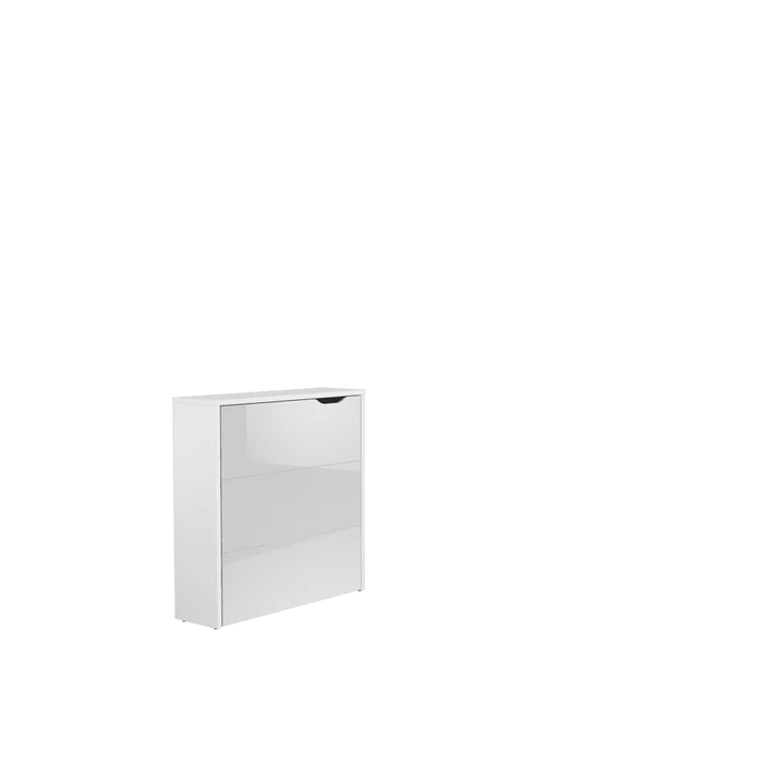 White convertible storage desk cabinet, open front section with visible shelf interior