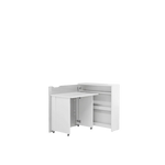White convertible desk with storage, cabinet doors open showing shelves and folded tabletop