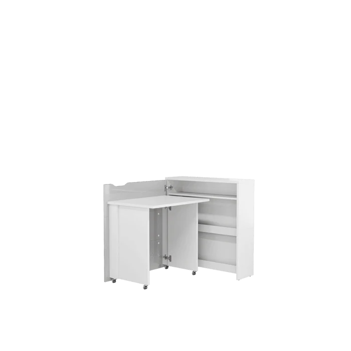 White convertible desk with storage, cabinet doors open showing shelves and folded tabletop