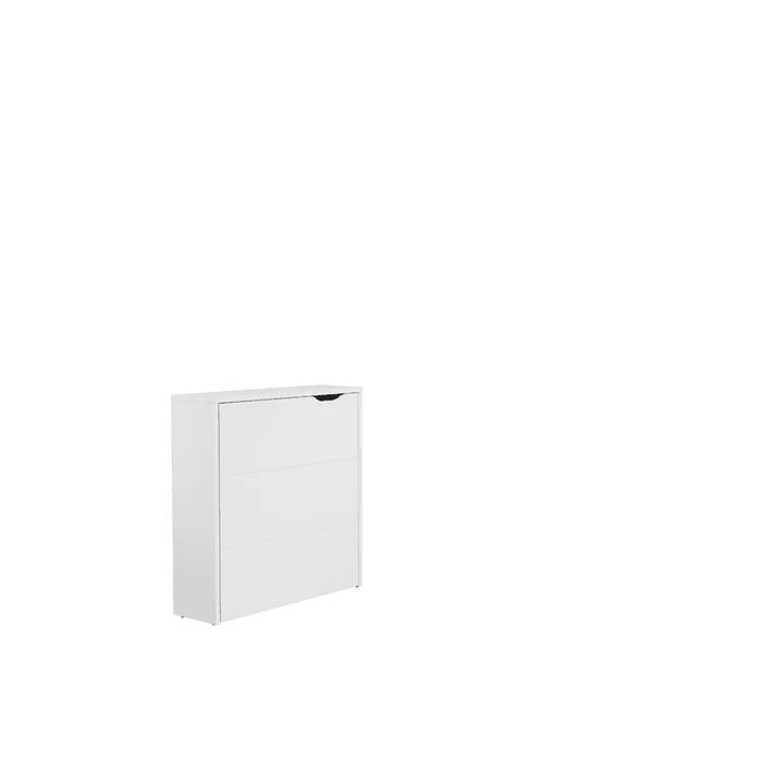 White convertible storage desk cabinet, flat front panel with top opening