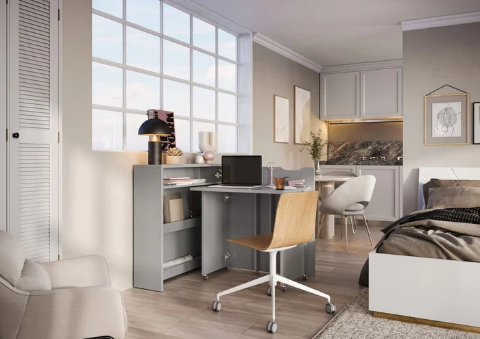Grey smart desk with storage shelves and flip-down side section