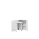 White convertible desk with storage, cabinet doors open to reveal shelves and tabletop