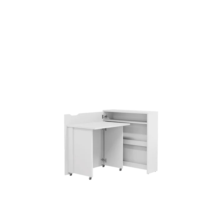 White convertible desk with storage, cabinet doors open to reveal shelves and tabletop