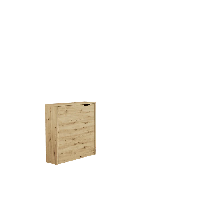 Artisan oak convertible storage desk cabinet, closed with top opening and flat front