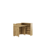 Artisan oak convertible desk with storage, side cabinet open to shelves and tabletop