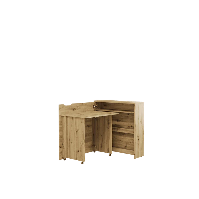 Artisan oak convertible desk with storage, side cabinet open to shelves and tabletop