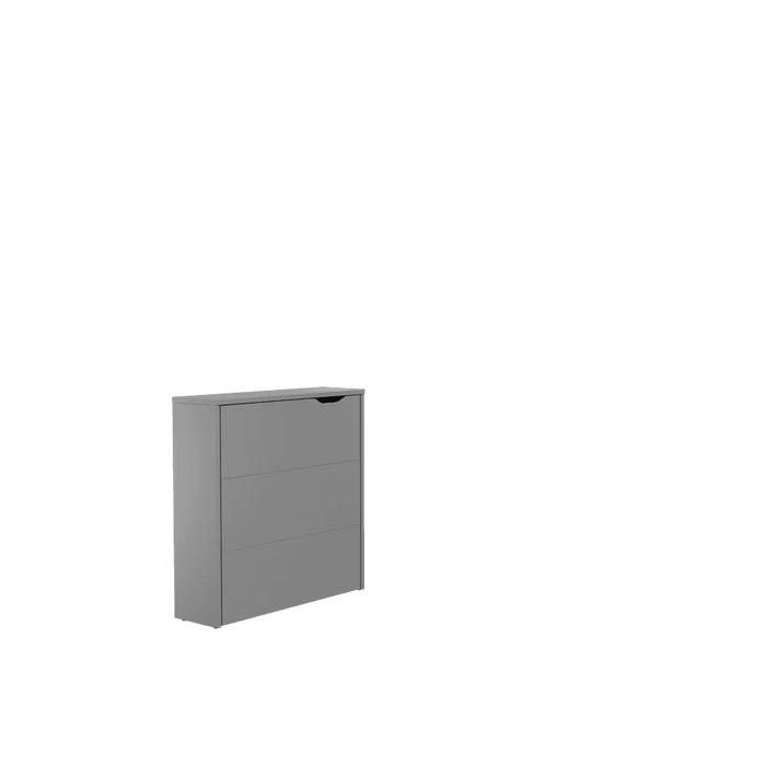 Grey convertible storage desk cabinet with flat front panel and top opening
