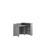 Grey convertible desk with storage, side cabinet door open to shelves and work surface