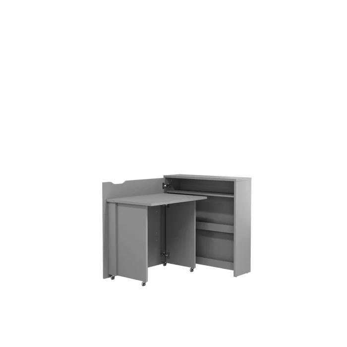Grey convertible desk with storage, side cabinet door open to shelves and work surface