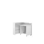 White convertible desk with storage, open doors showing shelves and central work surface