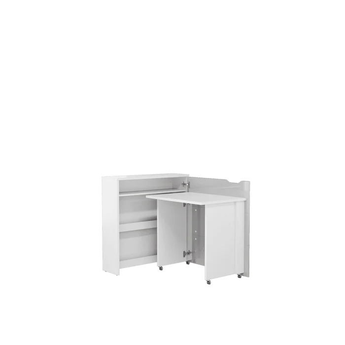 White convertible desk with storage, open doors showing shelves and central work surface
