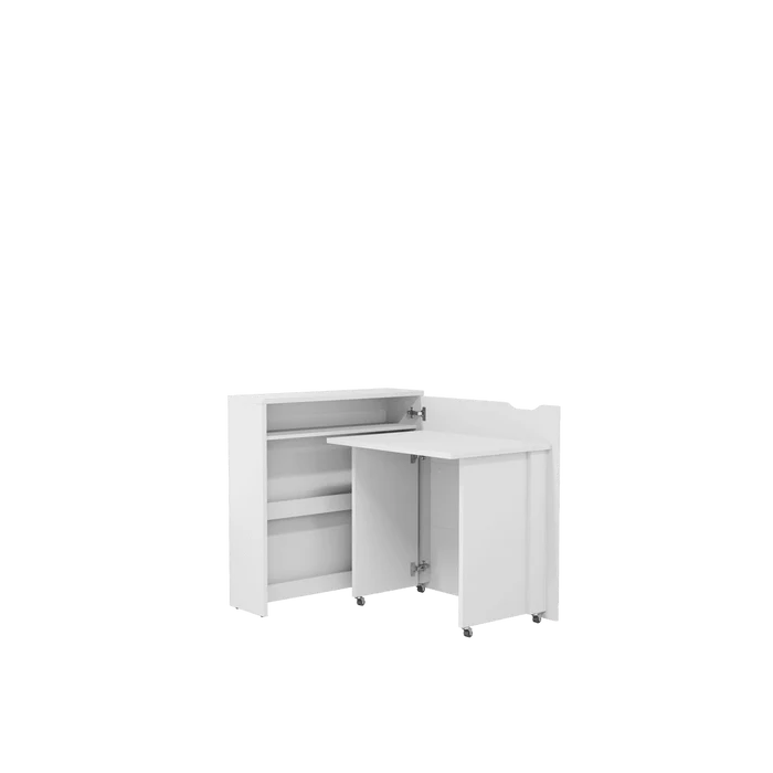White convertible desk with storage, open cabinet with shelves and hinged work panel