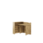 Light wood convertible desk with storage cabinet, open shelves, and folding top