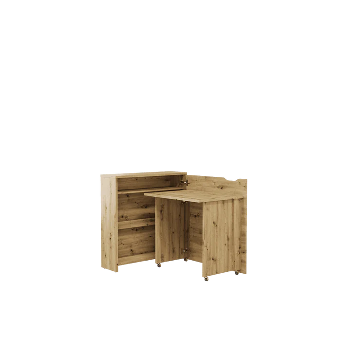 Light wood convertible desk with storage cabinet, open shelves, and folding top