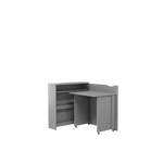 Grey convertible desk with storage cabinet, open shelves, and folding top