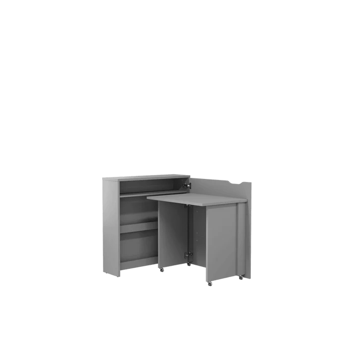 Grey convertible desk with storage cabinet, open shelves, and folding top