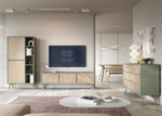 Olive green sideboard cabinet with cashmere doors and drawers, gold handles, slim legs