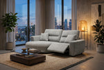 Grey electric recliner sofa with chaise cushion and padded armrests