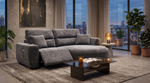 Grey electric recliner corner sofa with chaise and squared arm cushions