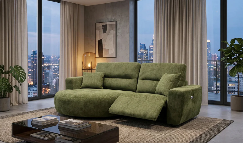 Green electric recliner corner sofa with chaise and padded back cushions