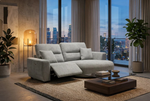 Grey electric recliner sofa with chaise, padded arms, and back pillows