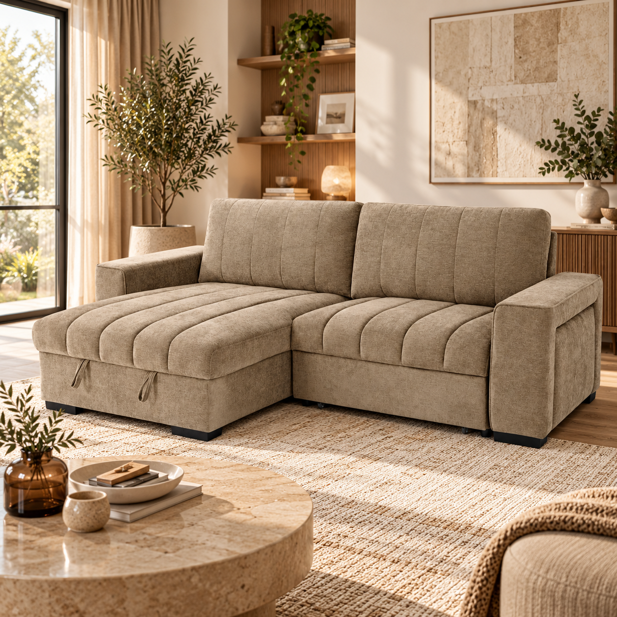 Carter Universal Corner Sofa Bed – Beige & Grey | Storage & USB