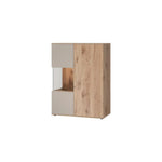 Small display cabinet with ribbed gray doors and light wood side panels