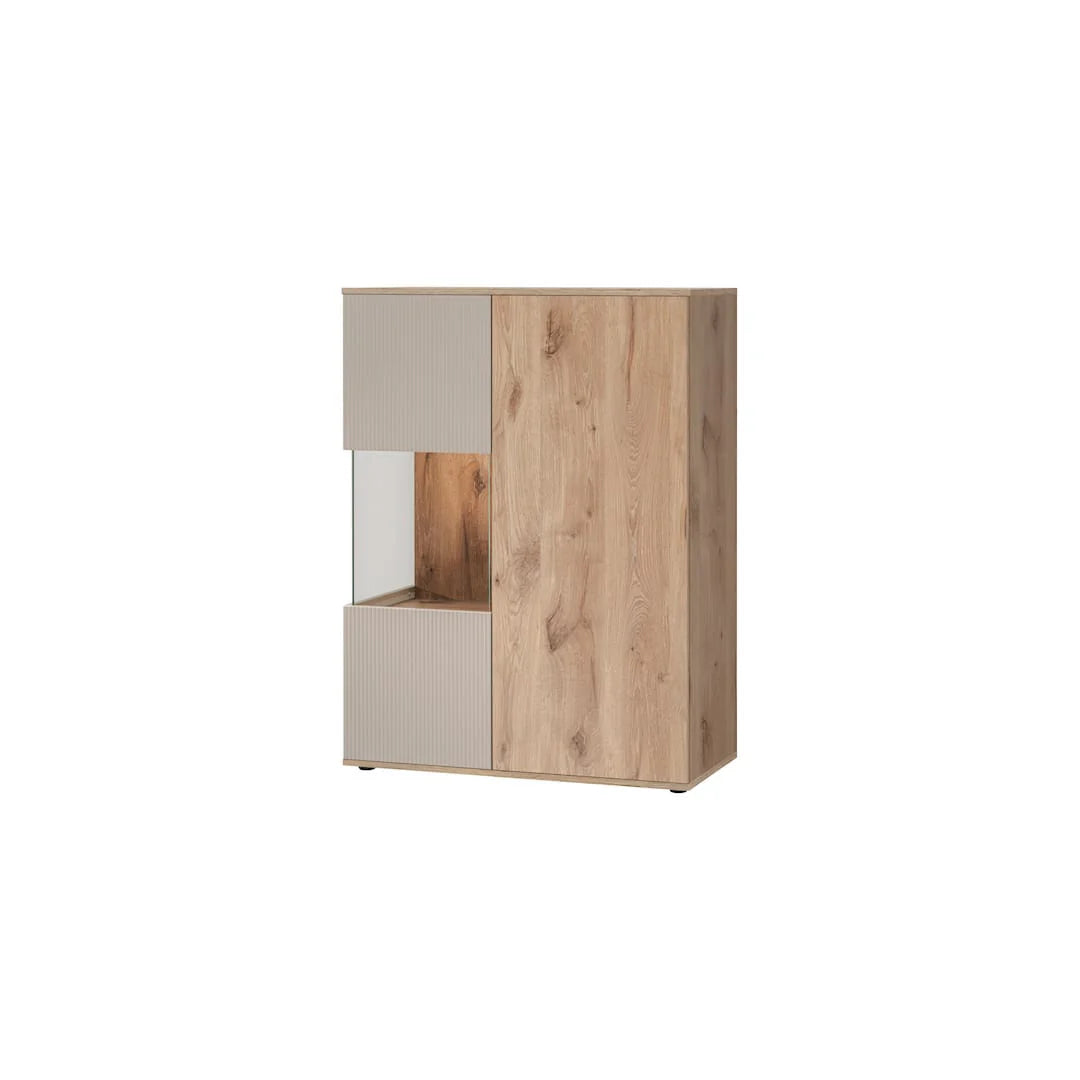 Small display cabinet with ribbed gray doors and light wood side panels