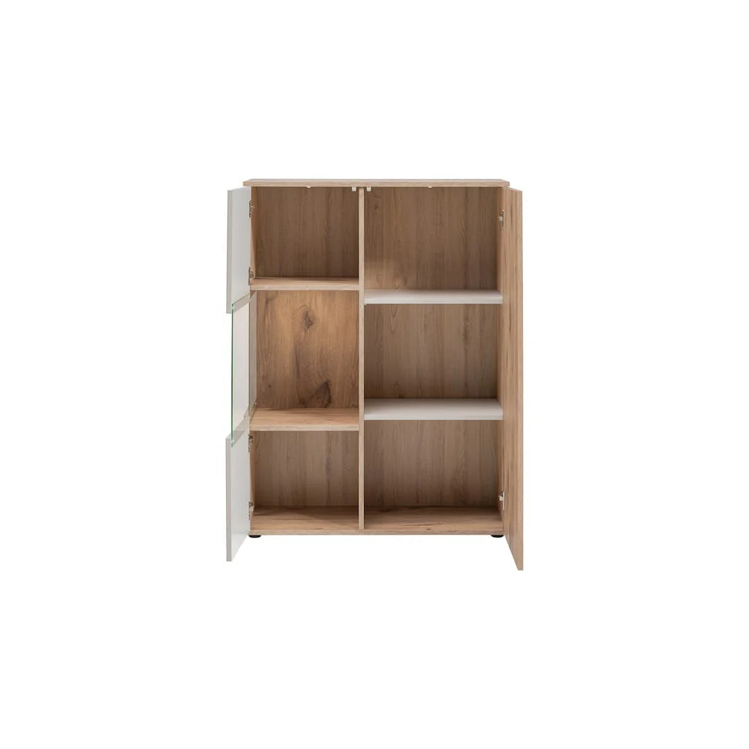 Small display cabinet with open shelves and light wood interior