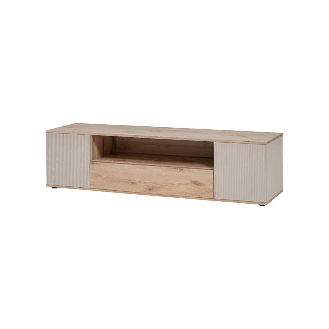 Wood TV cabinet with two side doors and center drawer, textured fronts