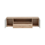 Light wood TV cabinet with open media shelf and front drawer