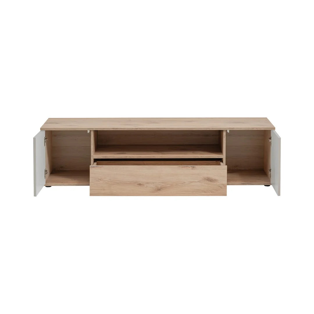 Light wood TV cabinet with open media shelf and front drawer