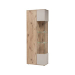 Tall display cabinet with light oak woodgrain, glass door, and two lower drawers