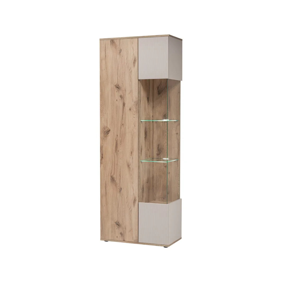 Tall display cabinet with light oak woodgrain, glass door, and two lower drawers