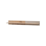 Wall shelf end view with light gray ribbed panel and wood shelf plank