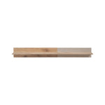 Wall shelf with striped light gray back panel and wood ledge