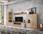 Modern TV cabinet with wood-look panels, drawers, and glass display sections