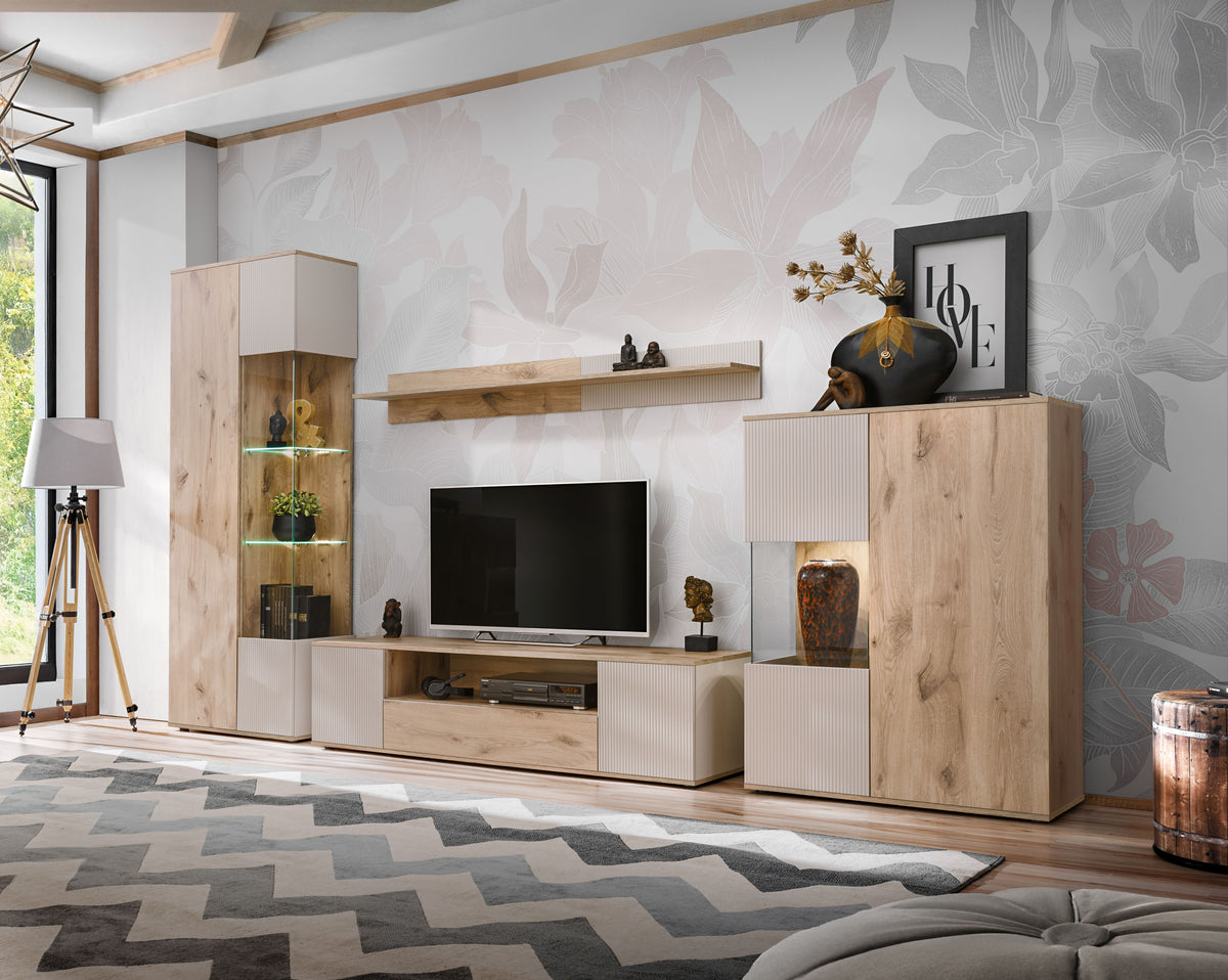 Modern TV cabinet with wood-look panels, drawers, and glass display sections
