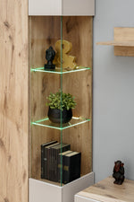 Glass-shelf cabinet interior with books, decorative statues, and LED accent lighting