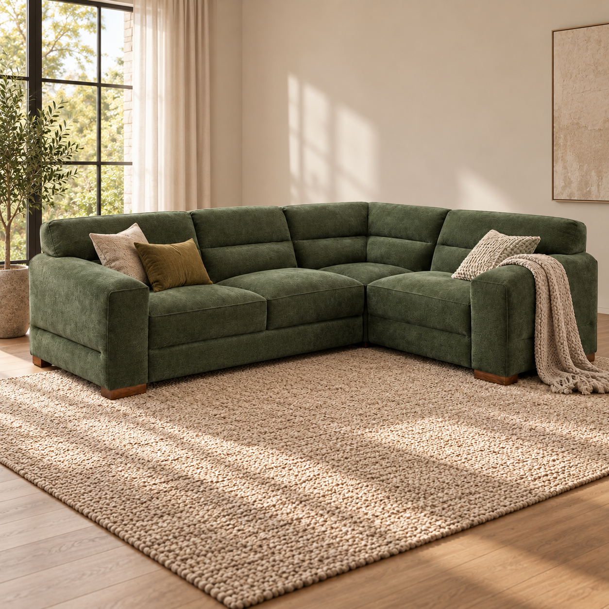 Green fabric corner sofa with chaise, tufted back and thick padded arms and seat