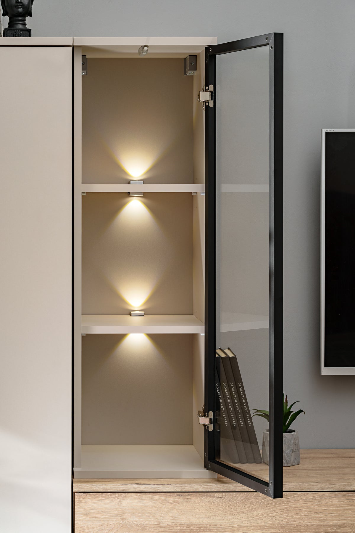 Tall open media wall cabinet with three interior shelves and LED-style lights